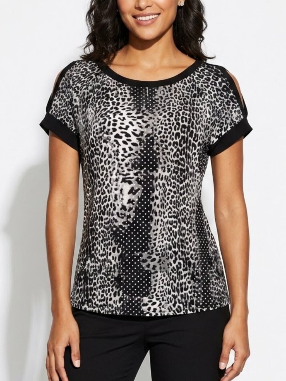 DIANA BELLE Leopard Print Cold Shoulder Polka Dot Mixed Media Blouse M